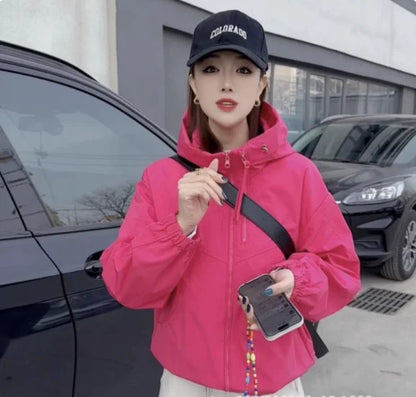 Women's Hooded Short Jacket – Double-Zipper Loose Streetwear Coat for Spring & Autumn Casual Everyday Wear