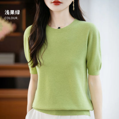 Women's 100% Wool Knitted Sweater – O-Neck Short-Sleeve Pullover, Warm Basic Casual Top for Fall & Winter, Available in 22 Colors