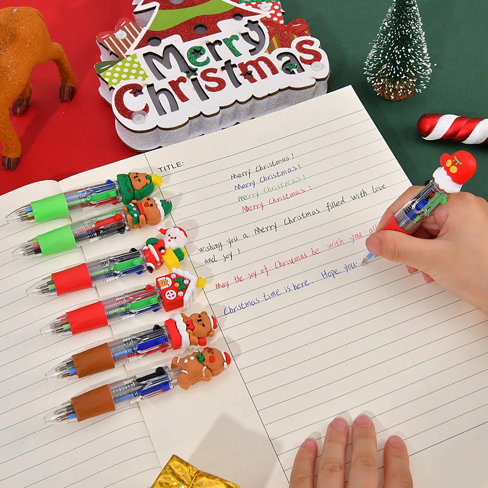 30PCS Cute Cartoon 4-Color Ballpoint Pens – Mini Pocket Kawaii 3D Pens for Kids, Christmas Student Prizes, School & Office Stationery