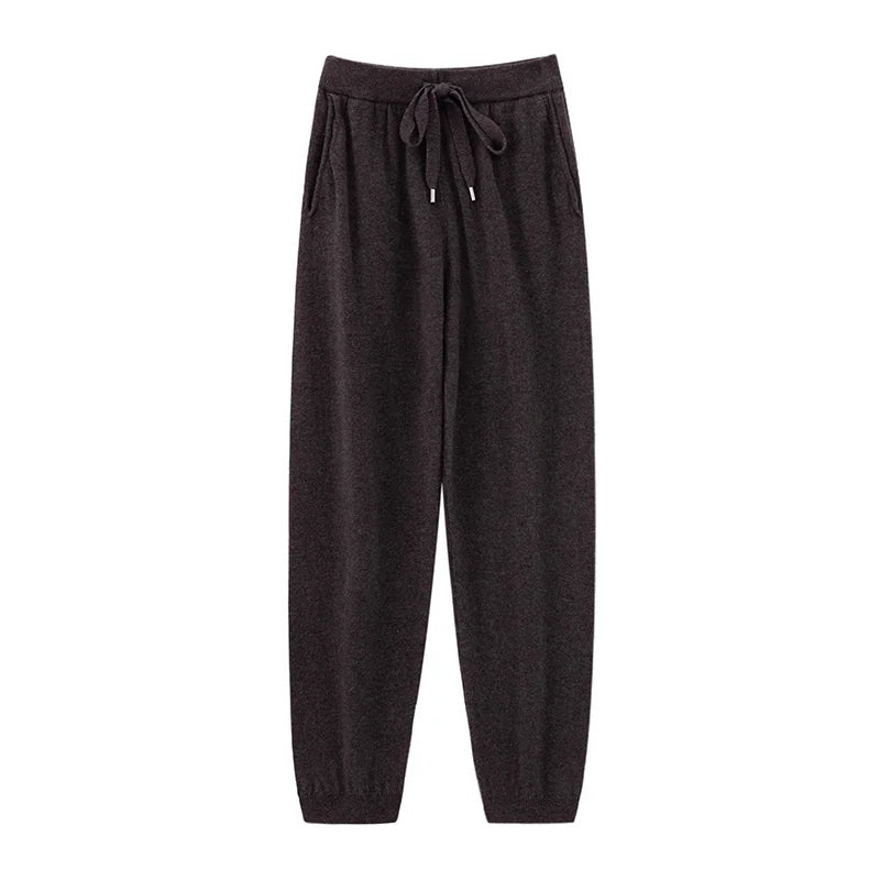 Pantalones de cachemir 100 % pura lana para mujer, de punto, sueltos, de cintura alta, con puños, para otoño e invierno, de corte recto y ajustado