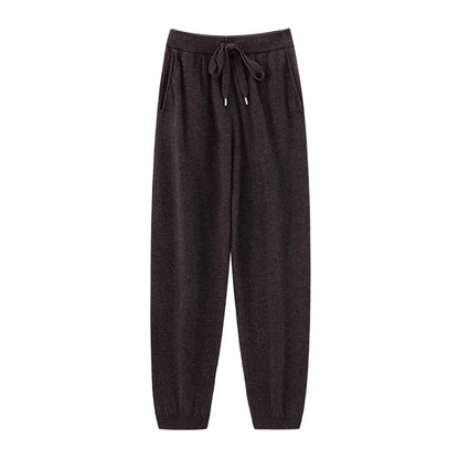 Pantalones de cachemir 100 % pura lana para mujer, de punto, sueltos, de cintura alta, con puños, para otoño e invierno, de corte recto y ajustado