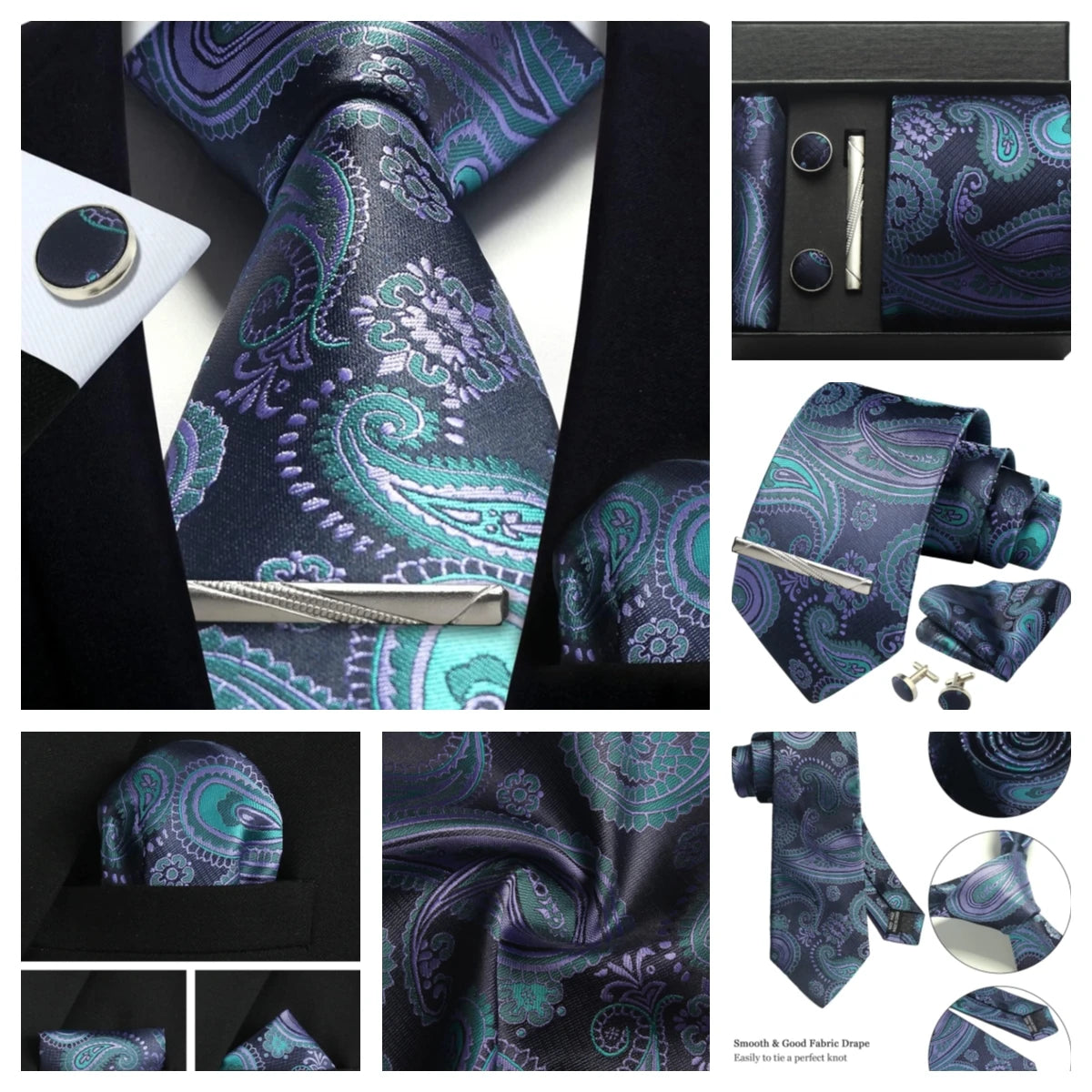 Corbata de seda 100% con diseño floral de Paisley para hombre con pañuelo de bolsillo, pasador de corbata y gemelos en caja de regalo