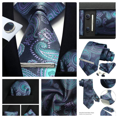 Corbata de seda 100% con diseño floral de Paisley para hombre con pañuelo de bolsillo, pasador de corbata y gemelos en caja de regalo