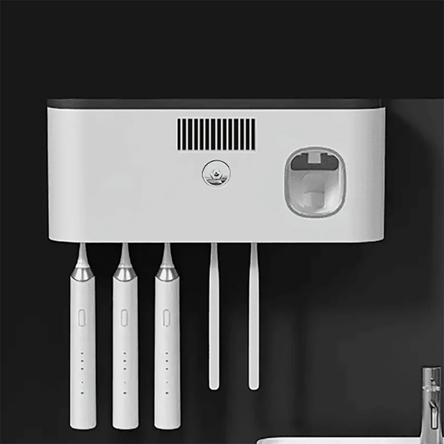Wall-Mounted Smart Toothbrush Holder – 5-Slot Toothbrush Sterilizer with Integrated Toothpaste Dispenser, Bathroom Storage Rack & Organizer