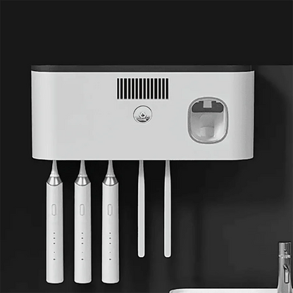 Wall-Mounted Smart Toothbrush Holder – 5-Slot Toothbrush Sterilizer with Integrated Toothpaste Dispenser, Bathroom Storage Rack & Organizer