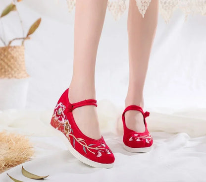 Zapatos de plataforma de lona bordados vintage para mujer – Zapatos casuales estilo étnico chino Hanfu, zapatillas sin cordones Harajuku de otoño