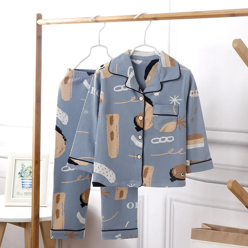 Kids' Cotton Pajama Set – Soft Cartoon Print Long-Sleeve Lapel Sleepwear for Boys & Girls, Comfortable Loose Spring Nightwear