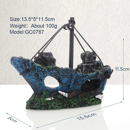 Retro Resin Ship Aquarium Ornament – Hollow Boat Fish Hiding Cave, Non-Toxic Fish Tank Decoration for Aquascaping & Underwater Landscaping