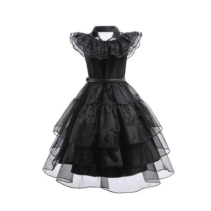 Girls’ Wednesday Addams Cosplay Costume Dress – Gothic Mesh Party Dress for Kids, Halloween Carnival Dress-Up Outfit, Ages 4–12