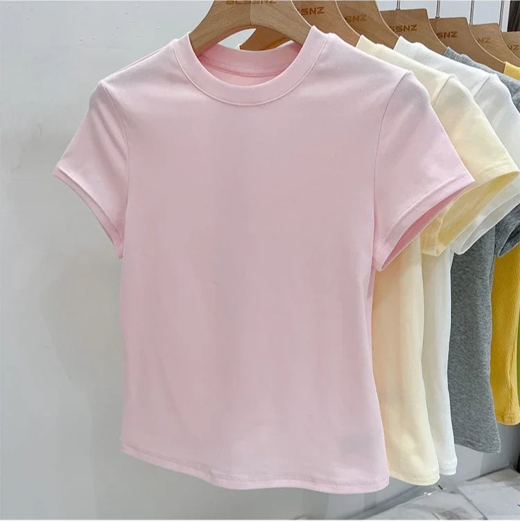 Zjaiss 2026 T-shirt col rond mode été sexy basique uni à manches courtes pour femme style coréen décontracté streetwear