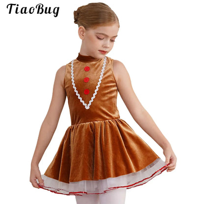Girls' Gingerbread Man Costume Dress Soft Velvet Cookie Princess Tutu for Christmas, Halloween Cosplay, Ballet, Dance, Holiday Parties and Dress-Up Events
