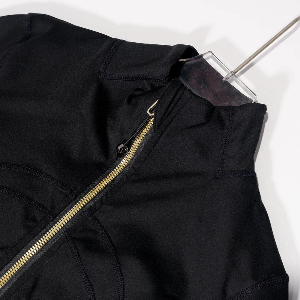 Women’s Gold Zipper Yoga Jacket – Stand Collar Slim Fit Quick-Dry Breathable Sports & Running Activewear
