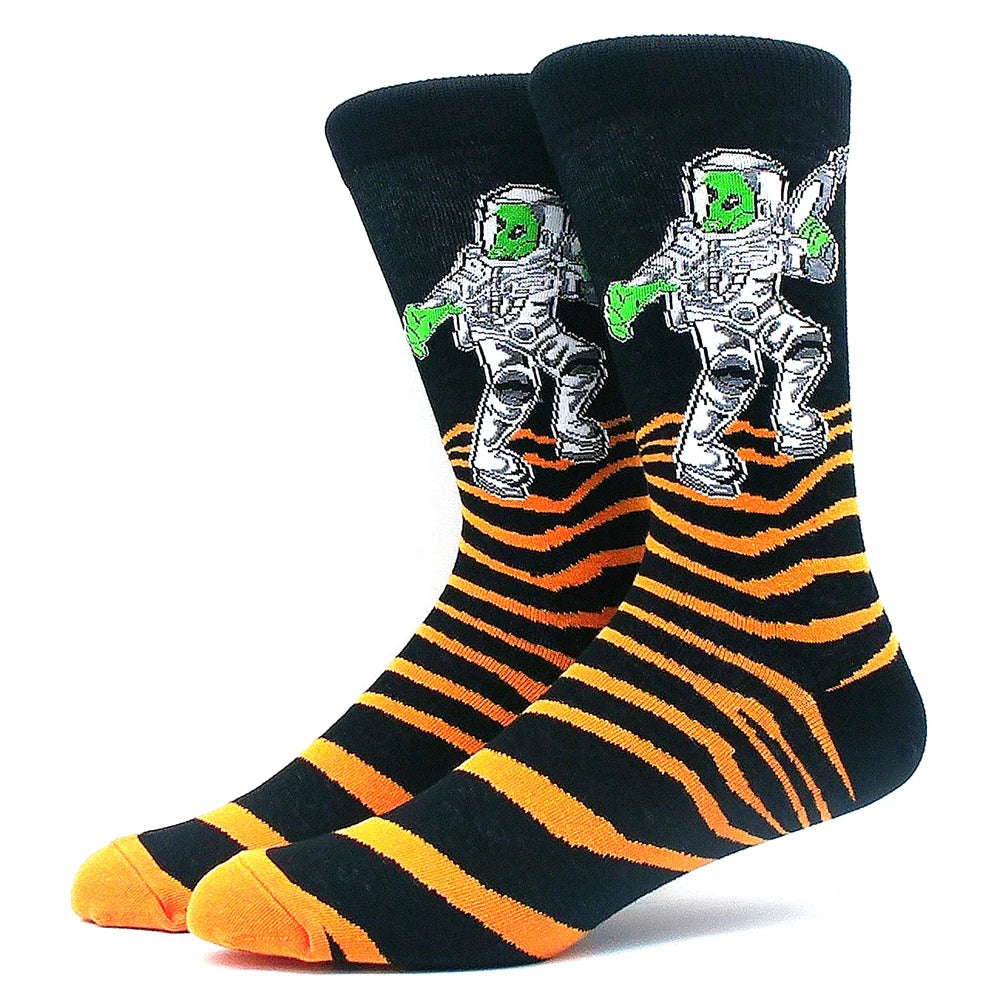 Funny Colorful Hip Hop Socks – Combed Cotton Animal, Astronaut & Geometric Print Socks for Men & Women, Business Dress Wear