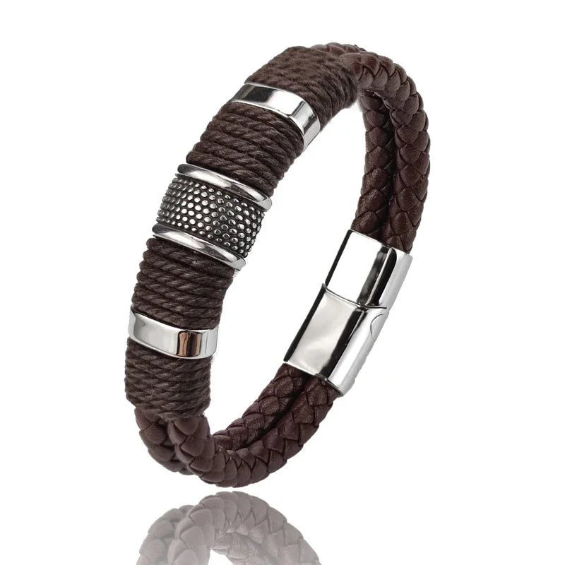 Luxury Vintage Leather Bracelet for Men – Multi-Layer Brown Leather & Stainless Steel Bead Wrist Bangle | Fashion Jewelry Gift