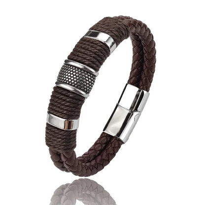 Luxury Vintage Leather Bracelet for Men – Multi-Layer Brown Leather & Stainless Steel Bead Wrist Bangle | Fashion Jewelry Gift