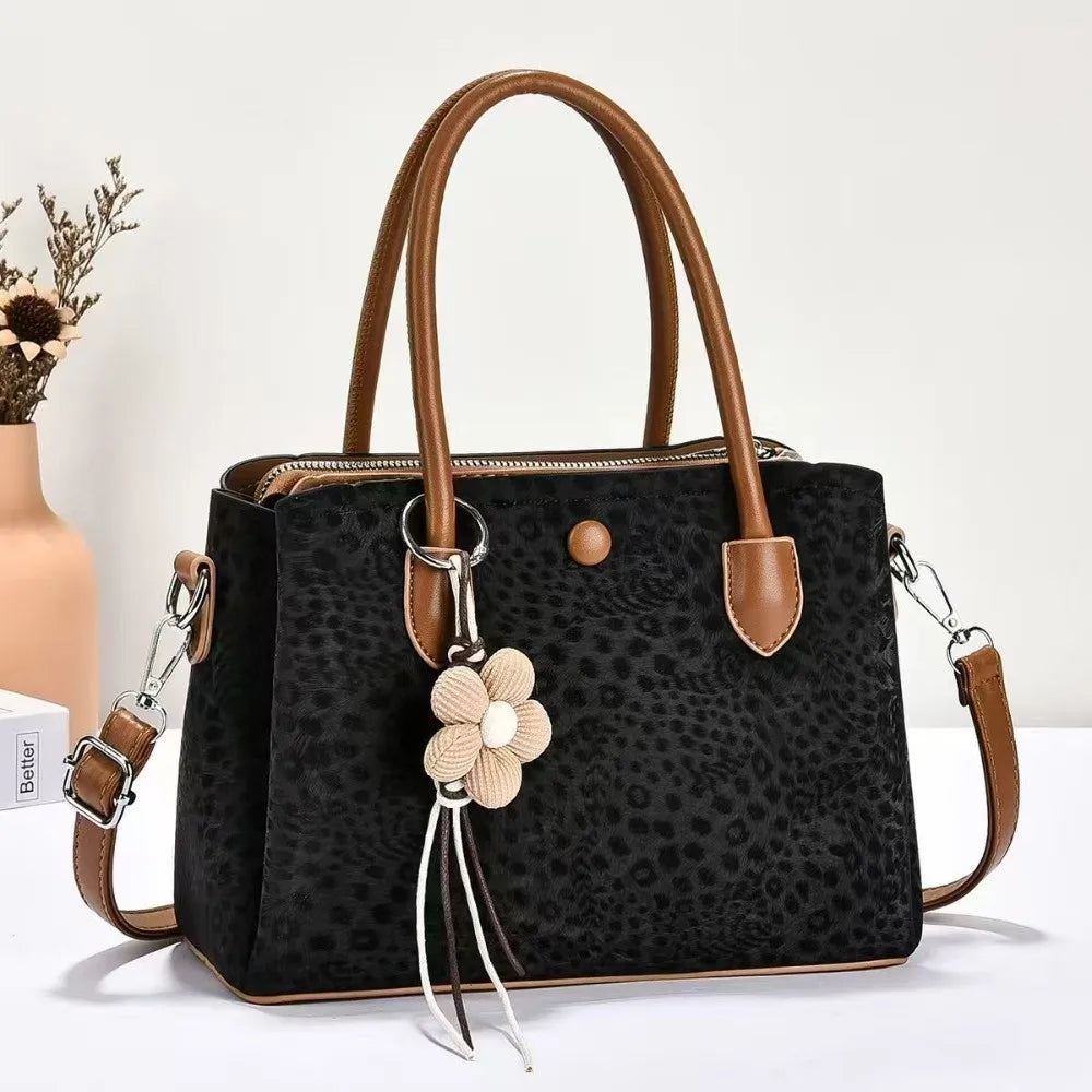 Women's PU Leopard Print Handbag – Large-Capacity Multi-Layer Shoulder & Hand Carry Bag with Textured Finish and Pendant Detail