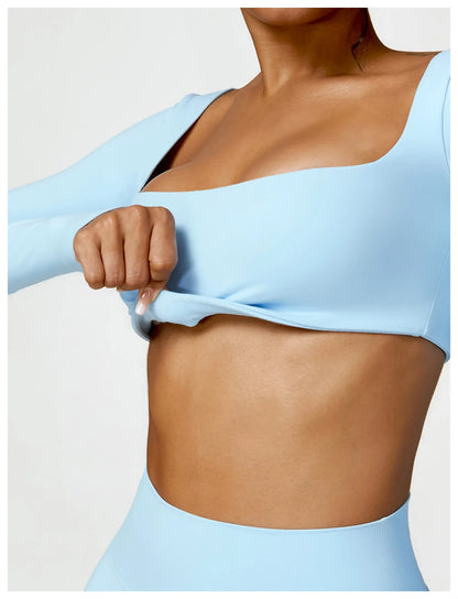 Women’s Square Neck Sports Crop Top – Long Sleeve Quick-Dry Gym Yoga Fitness Activewear