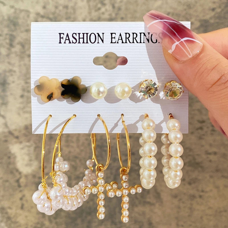 Boucles d'oreilles créoles dorées grand cercle pour femmes, ensemble bohème vintage, perle, cœur, zircon, clous, bijoux cadeau