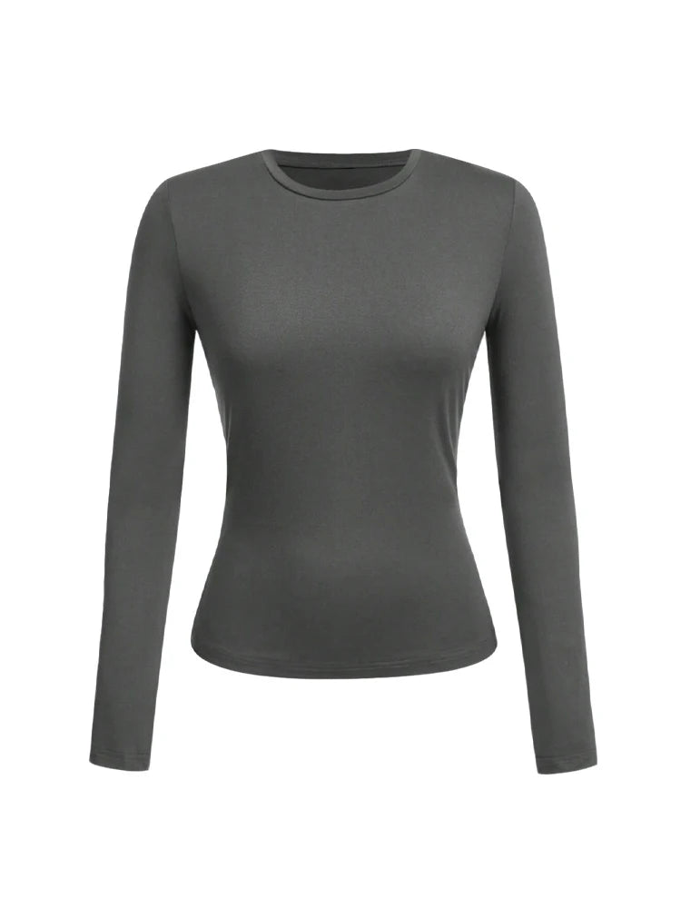 Women’s Long Sleeve T-Shirt Solid Color Polyester Knit Round Neck Regular Fit Fall Winter Top