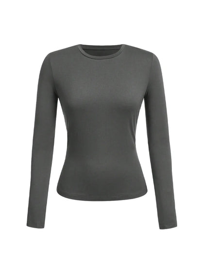 Women’s Long Sleeve T-Shirt Solid Color Polyester Knit Round Neck Regular Fit Fall Winter Top