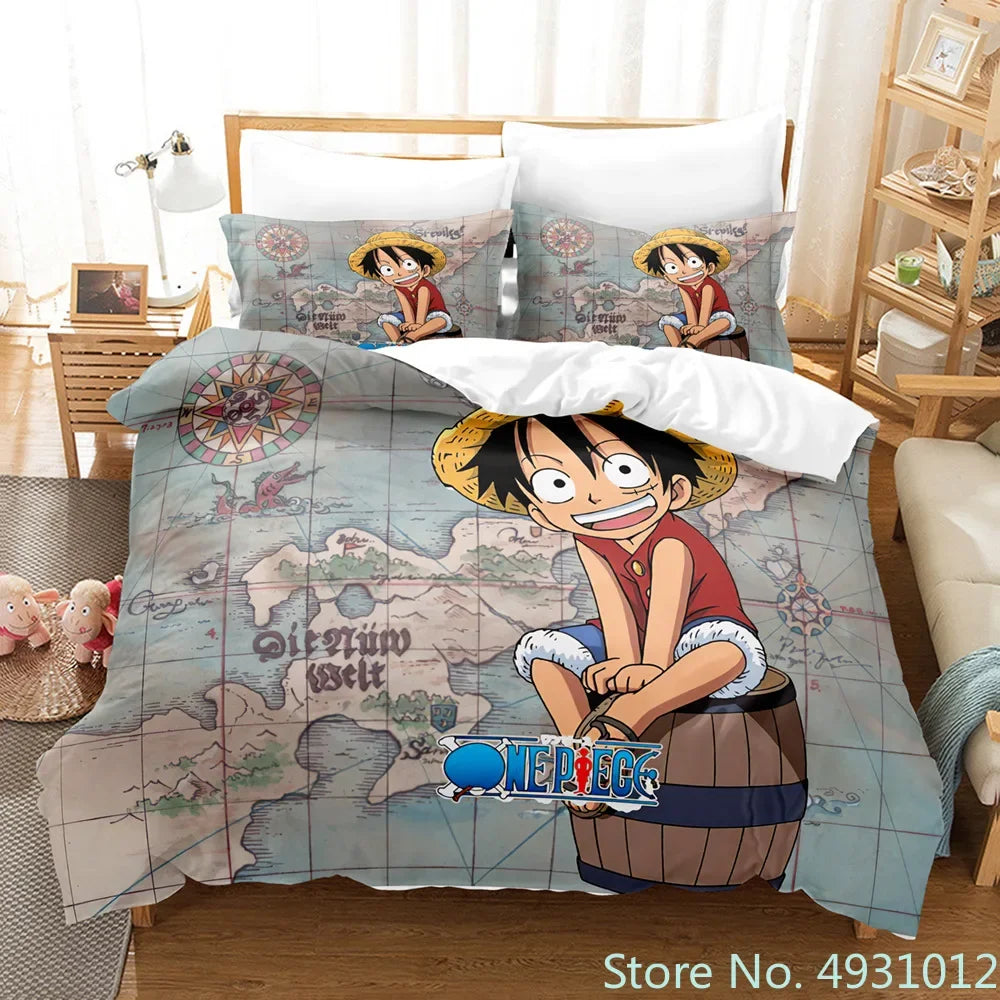 One Piece Luffy 3-Piece Bedding Set – 3D Cartoon Anime Duvet Cover & Pillowcase Set for Kids, Boys, Teens & Adults