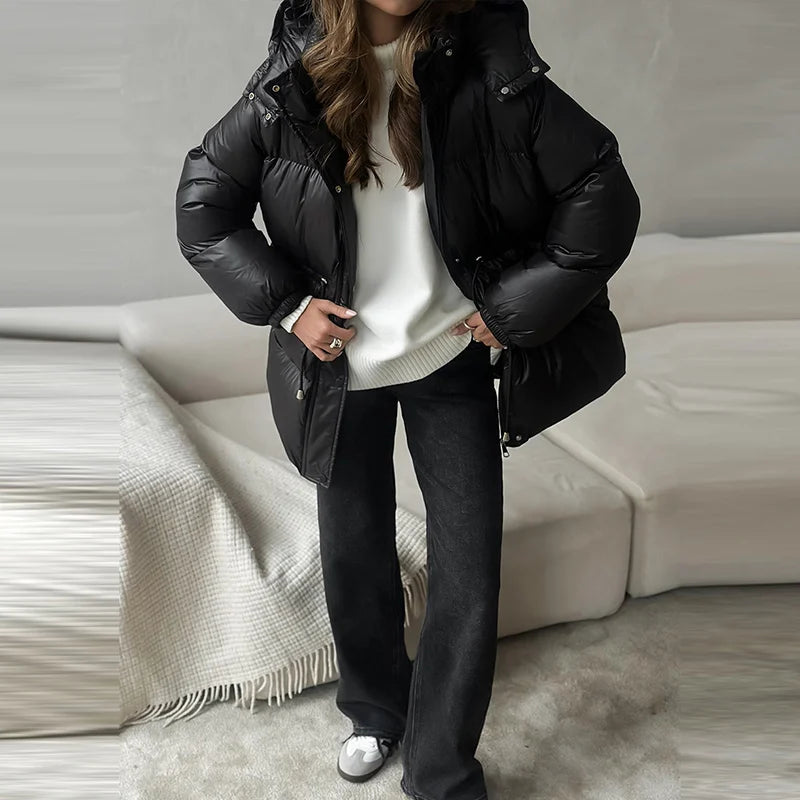Women's 2026 Winter Puffer Jacket Solid Color Quilted Water-Resistant Coat with Zipper and Drawstring, Loose Fit Warm Casual Outerwear for Fall and Winter