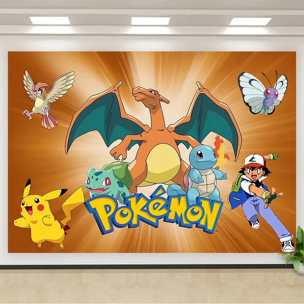 Pokémon Birthday Backdrop – Pikachu Party Photography Background Banner for Kids Birthday, Photo Studio Wall & Party Decoration