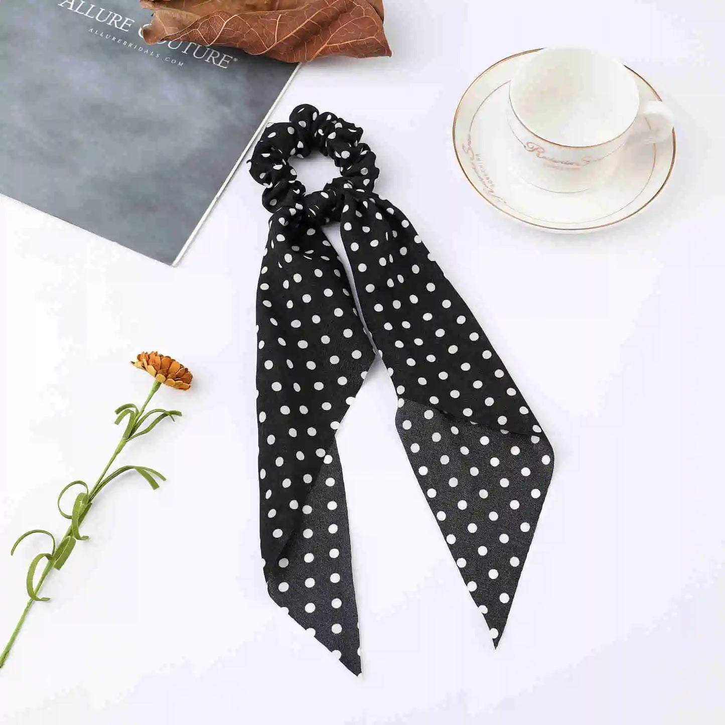 Korean Dots Scrunchie Hair Tie – Long Scarf Ponytail Elastic Hair Band for Women | Sweet Fashion Hair Accessories