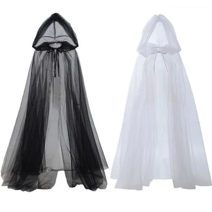 Ghost Witch Cosplay Costume with Hooded Cloak – Death God Net Long Dress Full Set for Halloween, Stage Performance & Party Outfit