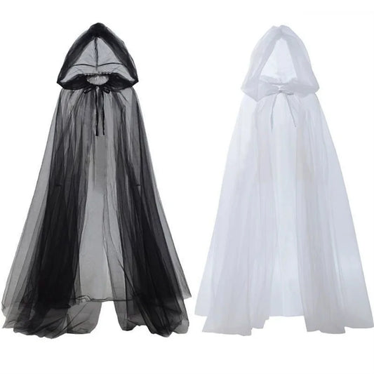 Disfraz de Cosplay de Bruja Fantasma con Capa con Capucha – Vestido Largo de Red de Dios de la Muerte Conjunto Completo para Halloween, Actuación Teatral y Fiesta