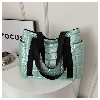 Sac à bandoulière matelassé pour femmes – Grand sac fourre-tout en nylon pour l'hiver 2025, motif en coton chaud, sac à main de voyage décontracté et tendance