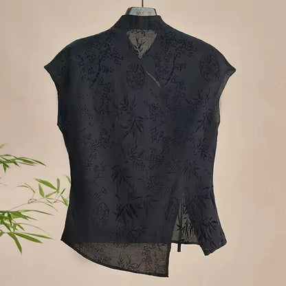 Blusa Jacquard Estilo Chino para Mujer – Top Cheongsam Vintage de Manga Corta, Camisa de Verano con Solapa Asimétrica