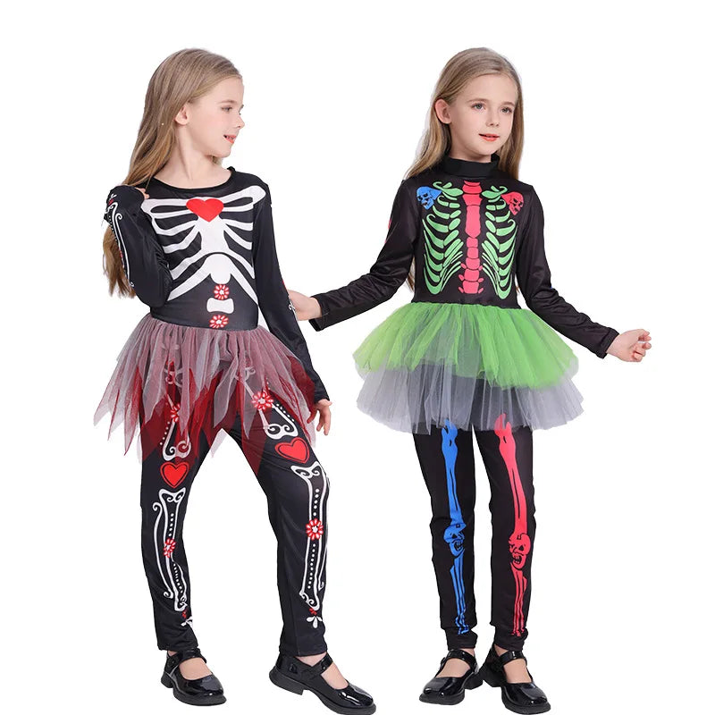 Colorful Skeleton Cosplay Costume for Kids – Girls One-Piece Tight Skirt Dress for Halloween Roleplay & Party Wear