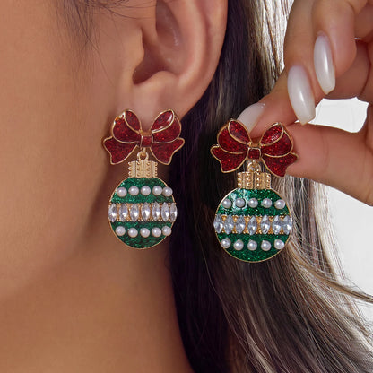 Christmas Bow Drop Earrings for Women – Glitter Red & Green Holiday Dangle Earrings, Festive Party Jewelry, Cute Gift Accessories