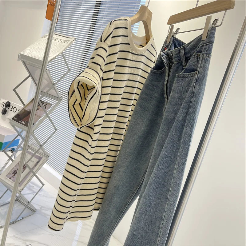 Women’s Korean Style Oversize Striped T-Shirt Loose Casual Short Sleeve Cotton Summer Commute Top