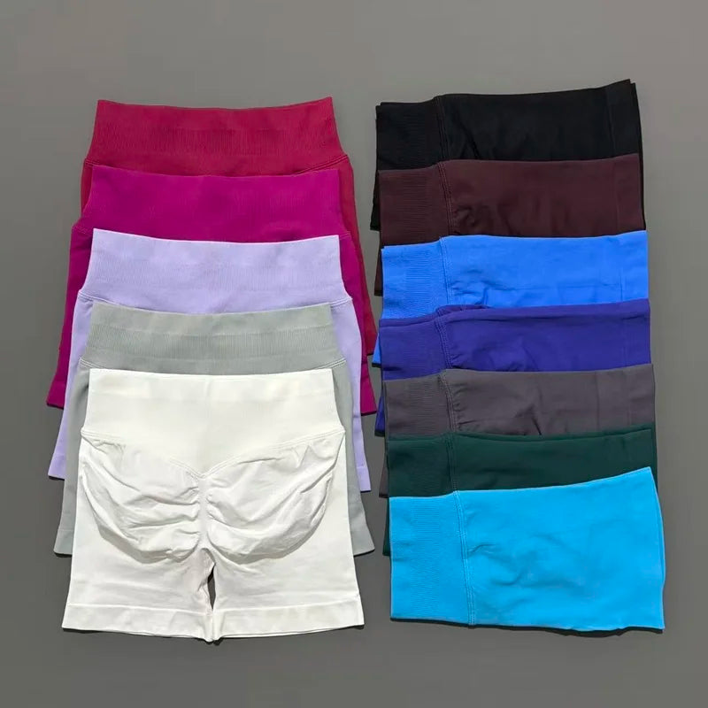 HISTELLO Pantalones cortos de yoga sin costuras de 4.5" para mujer – Pantalones cortos deportivos de talle bajo con efecto fruncido para gimnasio, fitness, correr y ropa deportiva