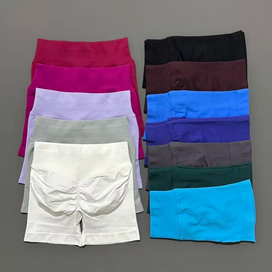 HISTELLO Pantalones cortos de yoga sin costuras de 4.5" para mujer – Pantalones cortos deportivos de talle bajo con efecto fruncido para gimnasio, fitness, correr y ropa deportiva