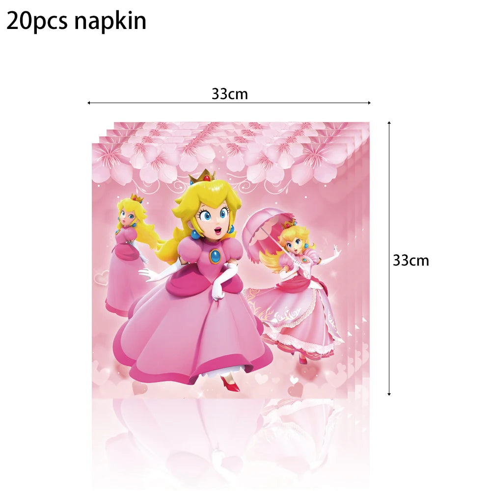 Princess Peach Party Supplies Set – Cartoon Anime-Themed Tableware, Balloons & Decorations for Children's Birthdays & Baby Showers