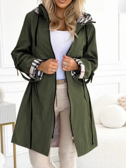 Women’s Hooded Plaid Trench Coat – Long-Sleeve Casual Cardigan Jacket, Solid Color Streetwear Outerwear for Autumn & Winter