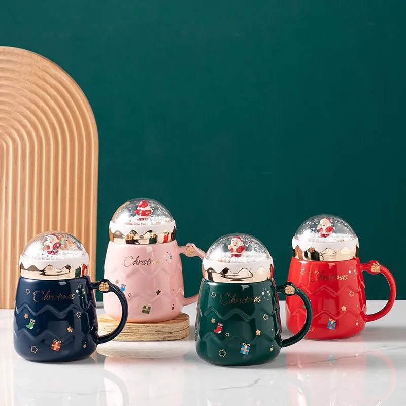 Christmas Couple Ceramic Mug – Creative Santa Claus Figurine Coffee Cup with Lid, Festive Xmas Gift for Home & Office