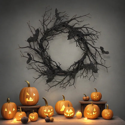 Halloween Artificial Bat Wreath – Black Branch Wreath with LED Lights for Front Door, Window, Home & Spooky Halloween Decorations