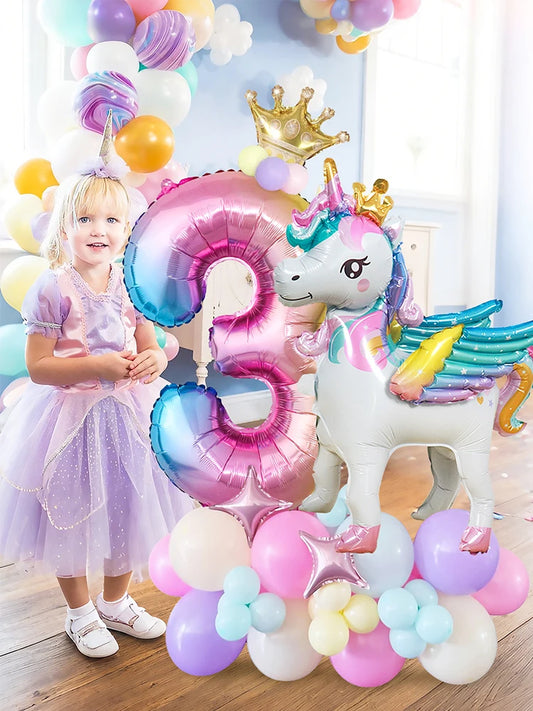 1/33PCS Unicorn Rainbow Birthday Balloons – 0-9 Number Balloons & Colorful Unicorn-Themed Decorations for Birthday, Baby Shower & Room Decor
