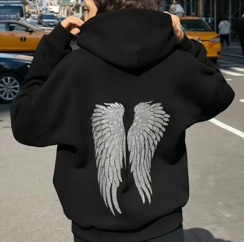 Women’s Y2K Wings Beaded Sequin Hoodie 2026 – Oversized Fleece-Lined Casual Pullover Sweatshirt, Fashion Streetwear Top