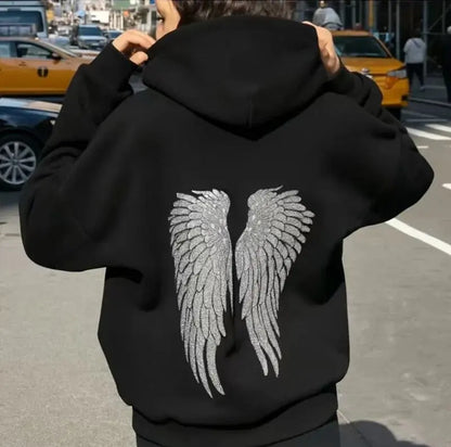 Women’s Y2K Wings Beaded Sequin Hoodie 2026 – Oversized Fleece-Lined Casual Pullover Sweatshirt, Fashion Streetwear Top