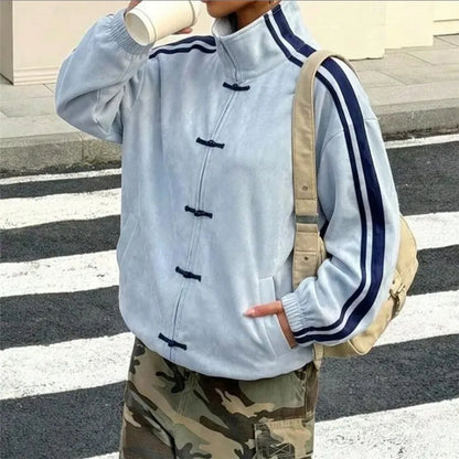 Women’s Chinese Frog-Button Jacket – Retro Oversized Stand Collar Track Coat with Striped Sleeves, Zip-Up Closure & Casual Streetwear Style
