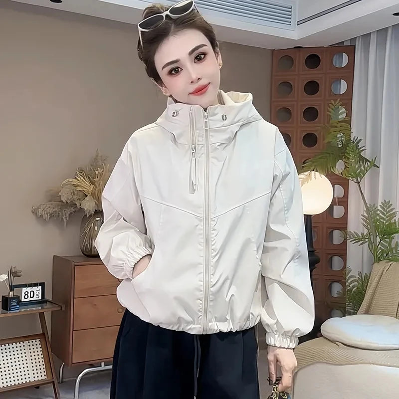 Women's Hooded Short Jacket – Double-Zipper Loose Streetwear Coat for Spring & Autumn Casual Everyday Wear