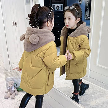 dsGirls Winter Jacket 3-12 Years, Thick Warm Hooded Coat with Zipper, Waterproof Autumn and Christmas Outerwear for Ki