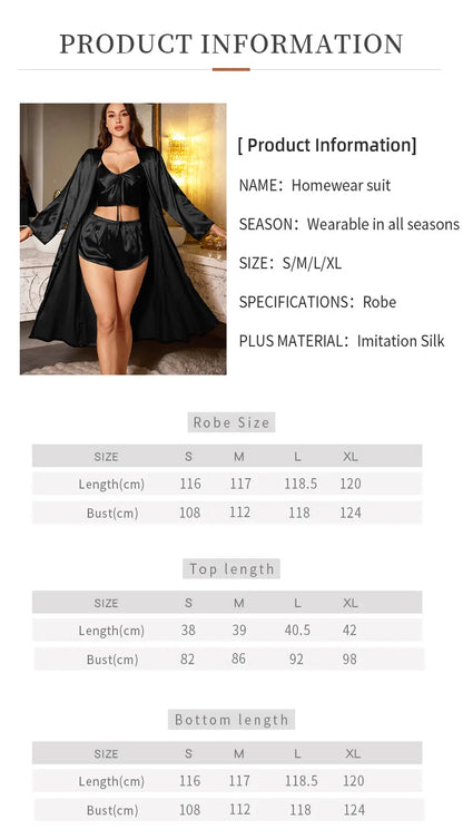 Women’s 3PCS Satin Pajama Set – Sexy Nightgown, Sling Dress & Robe Elegant Sleepwear Loungewear