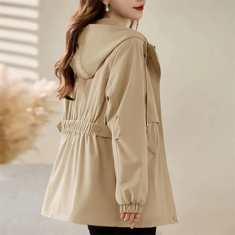 Women’s Camel Military-Style Trench Coat – Slim-Fit Hooded Jacket, Minimalist Casual Outerwear for Spring & Autumn