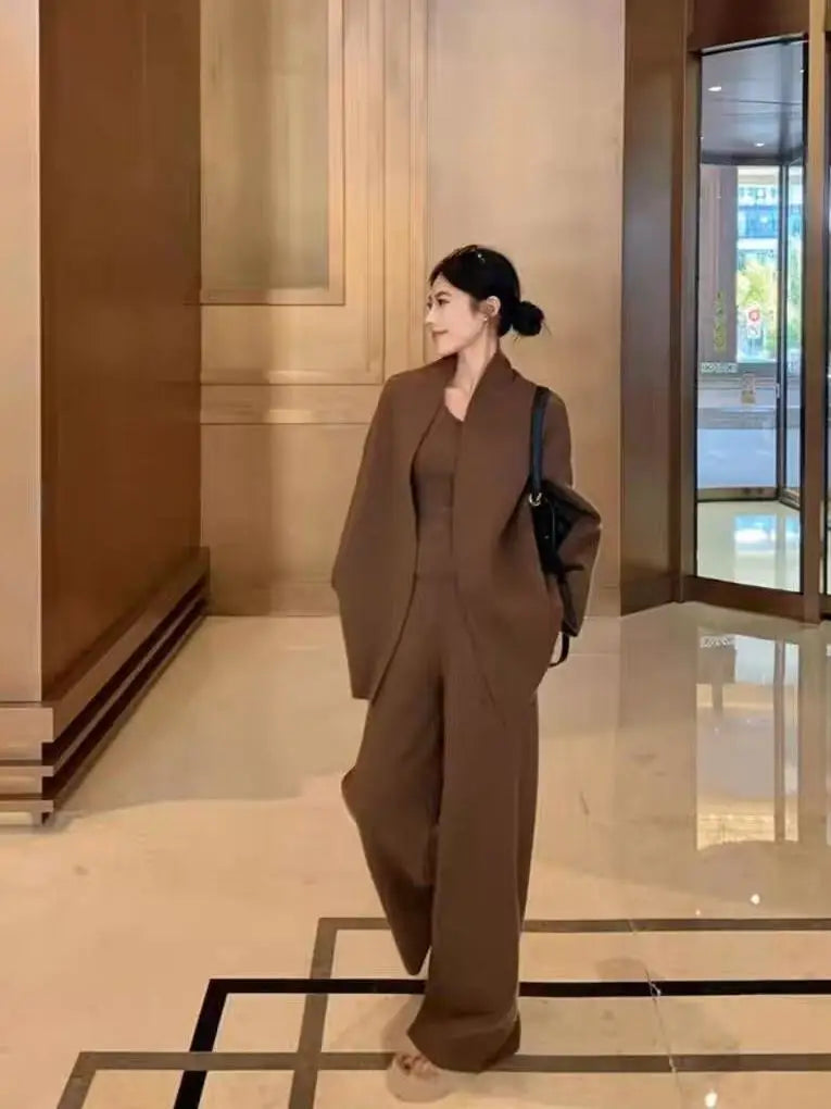 Women’s French Style 3-Piece Knit Sweater Set – Cardigan, Vest & High-Waisted Wide-Leg Pants, Elegant Casual Outfit